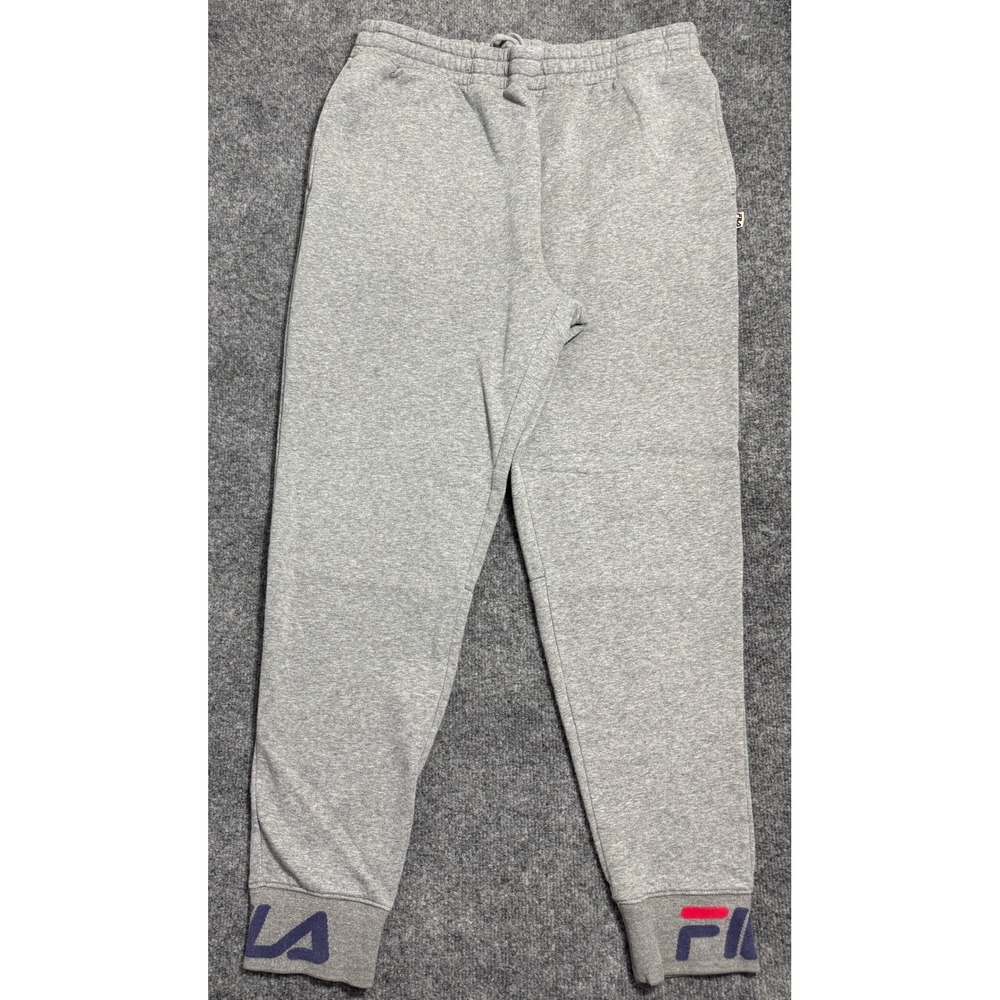 Fila Joggers Mens L Gray Fleece Sweatpants Spellout Ankle Cuff Pants Big Logo - Picture 1 of 5